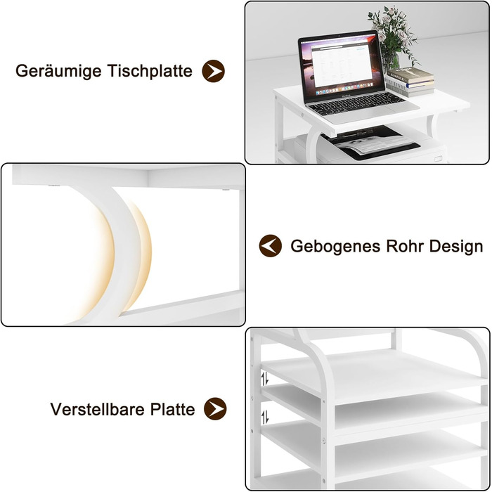 Регульований стіл для принтера PUNCIA з 3 ящиками, 60 x 50 см, на коліщатках, з дерева та металу, білий