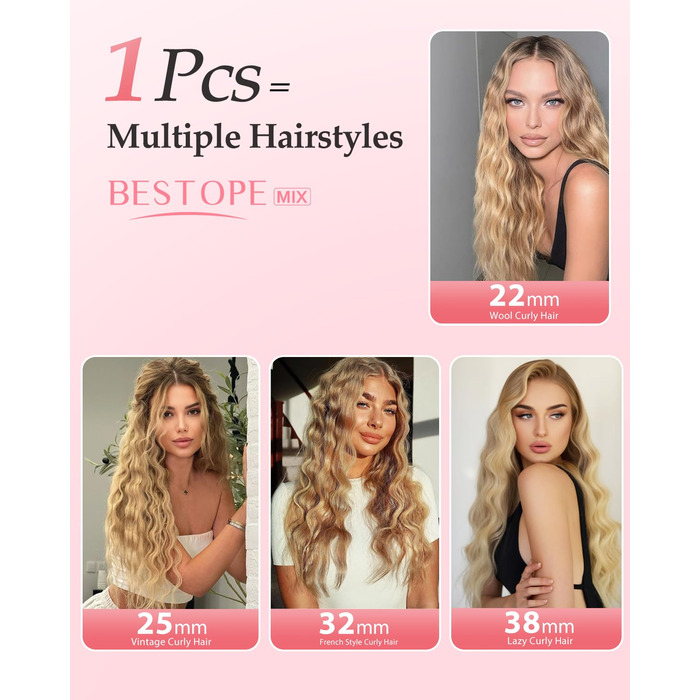 4-в-1 Випрямляч для волосся з насадками - локони 22/25/32/38 мм, для створення пляжних, природних та водохвиль, 4 температури (140-210°C), рожевий