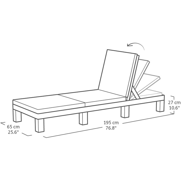 Шезлонг Allibert Daytona Deluxe для саду, тераси та балкону з регульованою спинкою, з подушкою, пластиковий, з імітацією ротангу, 195x65x25,5 см (Коричневий)