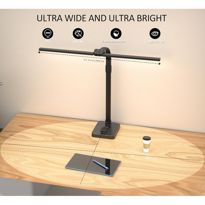 LED настільна лампа LOTTBUTY з гнушим шийкою, 24W, 80см, для офісу та дому, з підставкою для телефону (чорний)