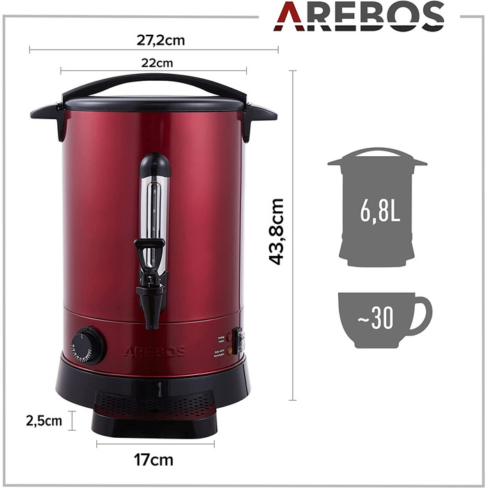 Електричний глінтвейнер Arebos 950 Вт | Дозатор гарячих напоїв, 6,8 л | З піддоном, краном, термостатом та захистом від перегріву | Регулювання температури 30-110°C