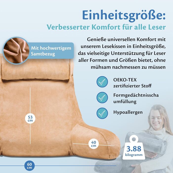 Подушка для читання Ella Lesekissen для ліжка та дивану з знімною подушкою для шиї - спинна подушка для ліжка. Подушка для читання з піною з пам'яті з підлокітниками, ідеально підходить для читання, перегляду телевізора, відпочинку або як спинна підтримка