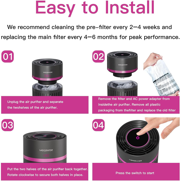 Повітряочисник MEGAWISE з 3-в-1 фільтром HEPA для дому та спальні. Захист від алергенів, пилу, тютюнового диму та диму від лісових пожеж.