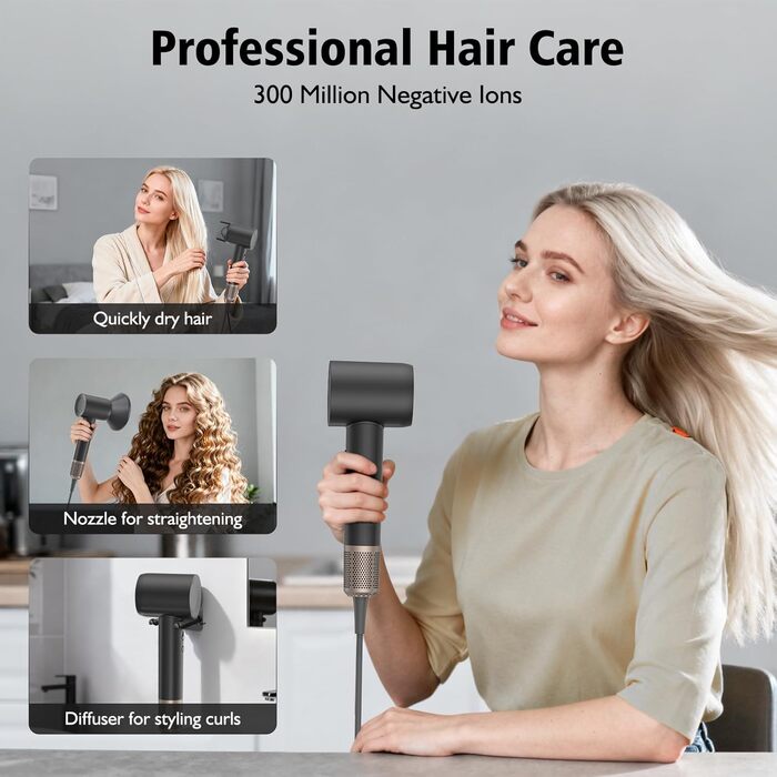 Професійний фен для волосся з високошвидкісним двигуном 160 000 об/хв, іонізацією 300 млн негативних іонів, 4 температурних режимах та 2 швидкостях, з дифузором та концентратором, чорний