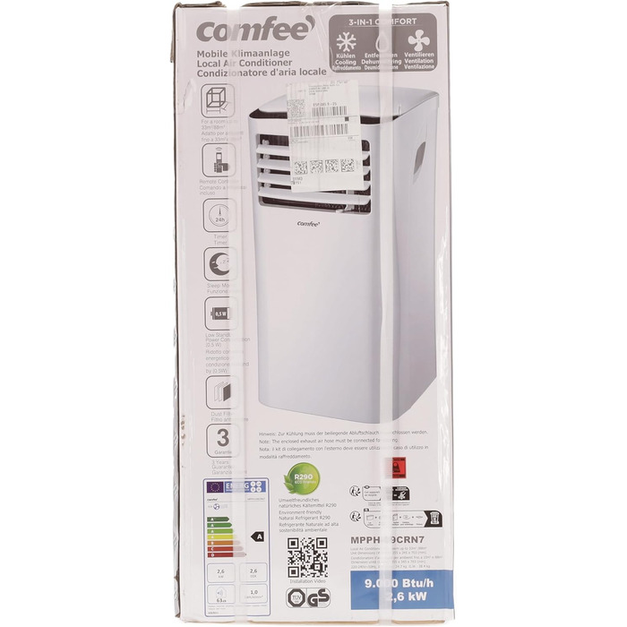 Мобільний кондиціонер Comfee MPPH-09CRN7, 9000 BTU 2,6 кВт, охолодження, вентиляція та осушення, площа приміщення до 88 м (33), мобільний кондиціонер зі шлангом для відпрацьованого повітря 09K-33m-A