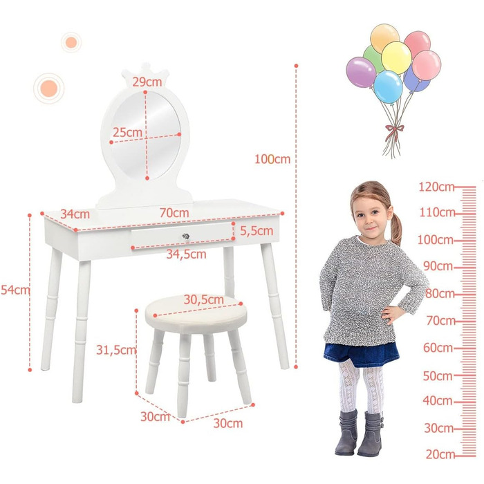 Дитячий туалетний столик COSTWAY, столик і письмовий стіл 2 в 1, знімне дзеркало і табурет, білий