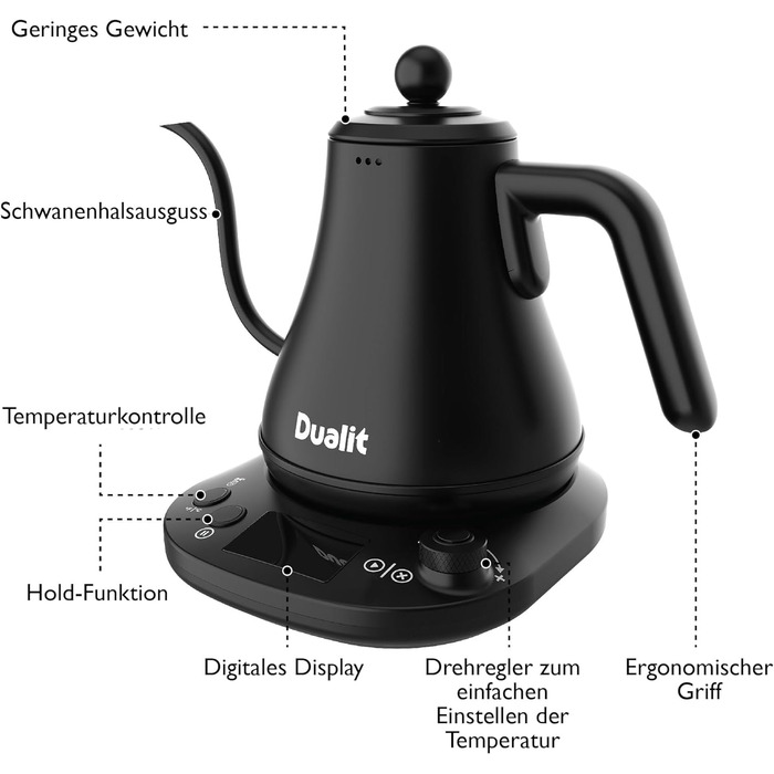 Електричний чайник Dualit Електричний чайник для приготування їжі під тиском Gooseneck (800 мл) - Чорний матовий - Чайник на гусячій шиї не капає - Цифровий дисплей - Високоефективний енергозберігаючий глечик для води