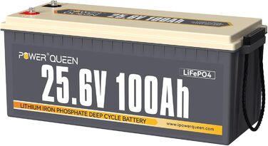 Акумулятор LiFePO4 Power Queen 25,6 В 100 Ач, 4000 циклів, 2,56 кВт-год, ідеально підходить для автофургону, автономно, сонячної батареї 24V100Ah