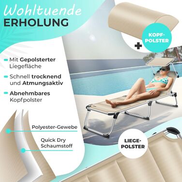 Кесер® Розкішна сонцезахисна лежанка Sun з дахом для саду, розкладний лежак, регульована спинка, ергономічний м'який матеріал, алюмінієвий каркас, портативна, для відпочинку, бежевий колір