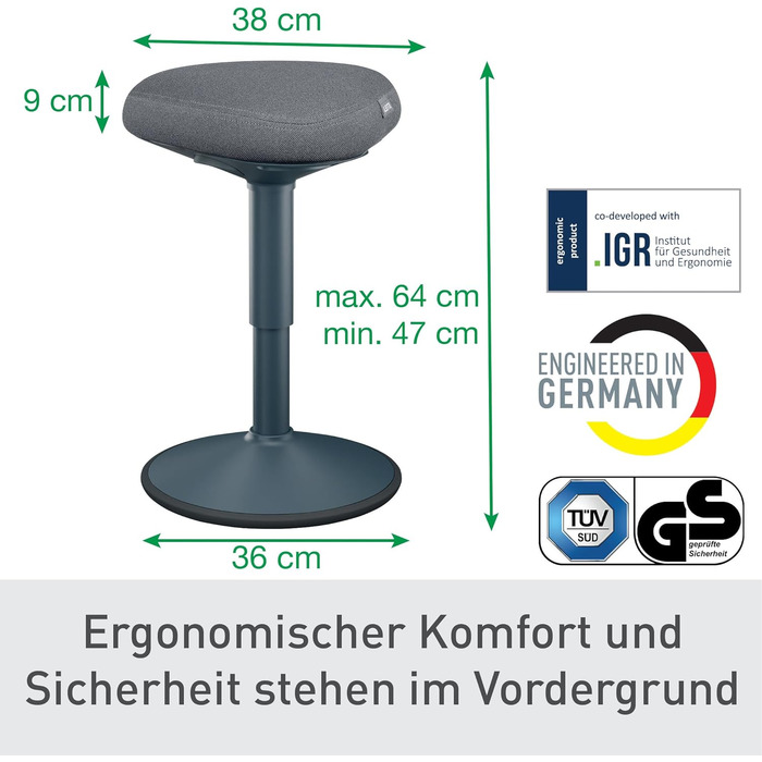 Офісний стілець Leitz Ergo Active з піною подвійної щільності, регульована висота 57-82 см, оббивка з переробленого матеріалу (до 110 кг), темно-сірий