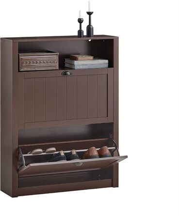 Взуттєва шафа SoBuy FSR87-BR: вузька, з 2 дверцятами, 4 полиці, додаткова поличка, колір коричневий, розмір 80x110x24 см