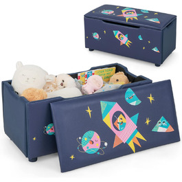 М'яка дерев'яна коробка для іграшок, 75x36x38см, лавка для дітей, скриня для іграшок зі знімною кришкою, дитячий скринька, ящик для зберігання для дитячої кімнати (темно-синій - ракета)