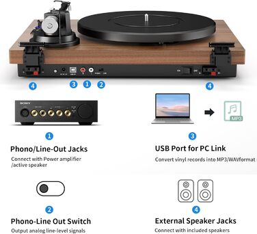 HiFi вініловий програвач Bluetooth USB з динаміками, стереосистема з регульованим противагою, магнітним картриджем та RCA виходом