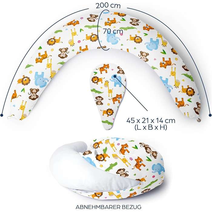 Подушка для вагітних і годування, 100 бавовна, можна прати, 200x70см (джунглі, 2-в-1)