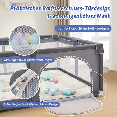 Манеж дитячий CHOLY для немовлят та малюків, 128x128 см, сірий з килимком 150x180 см - безпечний, міцний, з сіткою та захистом