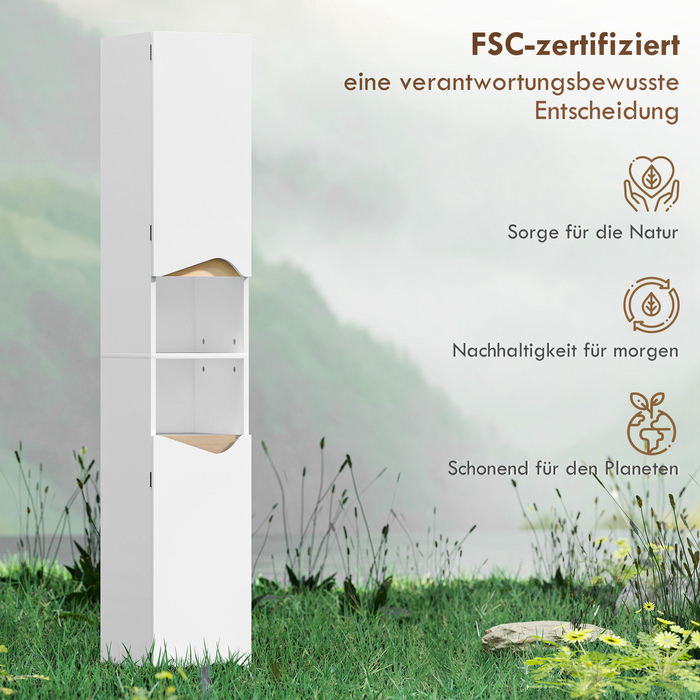 Вузька висока шафа для ванної кімнати з 2 дверцятами та 2 відкритими полицями, розміром 30 x 34,6 x 182 см, біла