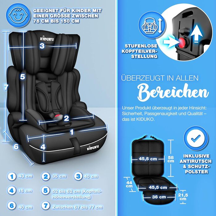 Автокрісло KIDUKU® 9-36 кг (1-12 років) з підкладкою - Автомобільне крісло ECE R129/03, Група 1/2/3, чорне