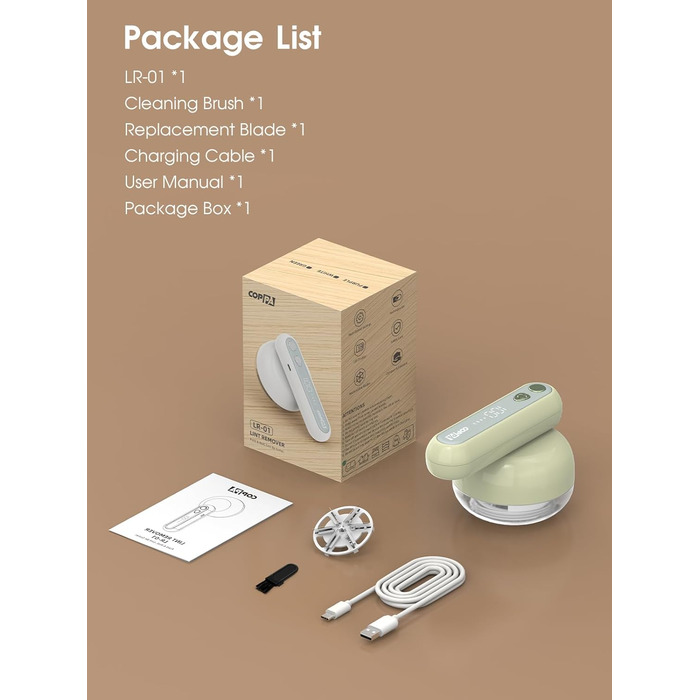 Електричний триммер для одягу COPPA, 6 лез, 3 швидкості, перезаряджається, з індикатором заряду, для пуловерів та одягу, білий (зелений)