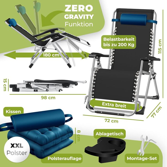 Крісло-шезлонг KESSER® для саду, розкладне, водостійке, 200 кг, широке, з регульованою спинкою, з подушкою та підстаканником (темно-синій)