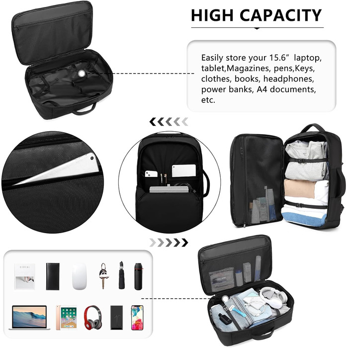 Рюкзак KONO для ручної поклажі літака, великий, водонепроникний, 55 x 35 x 20 см, 38L (Чорний)