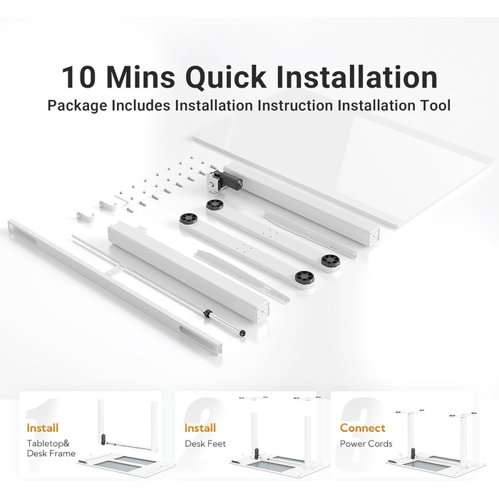 Регульований стіл Claiks з склоповерхнею 120x60 см, електричний, для дому та офісу, комп'ютерний, сучасний, білий