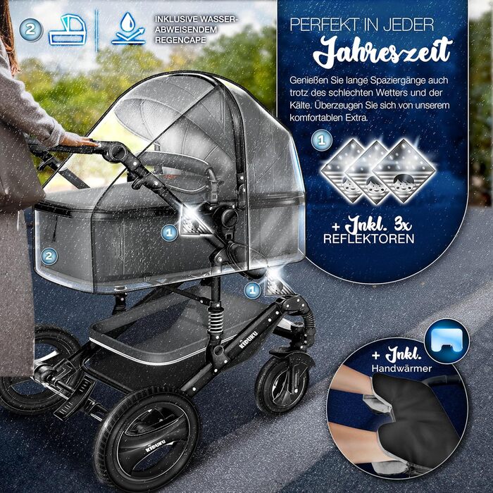 Дитяча коляска 3 в 1 KIDUKU® XXL Комплект | Комбінована коляска з люлькою, прогулянковим блоком та автокріслом | З повним набором аксесуарів (футляр, сумка для підгузків, підставка для чашки, дощовик) | Надувні колеса, ECE R129 (Антрацит / Чорний)