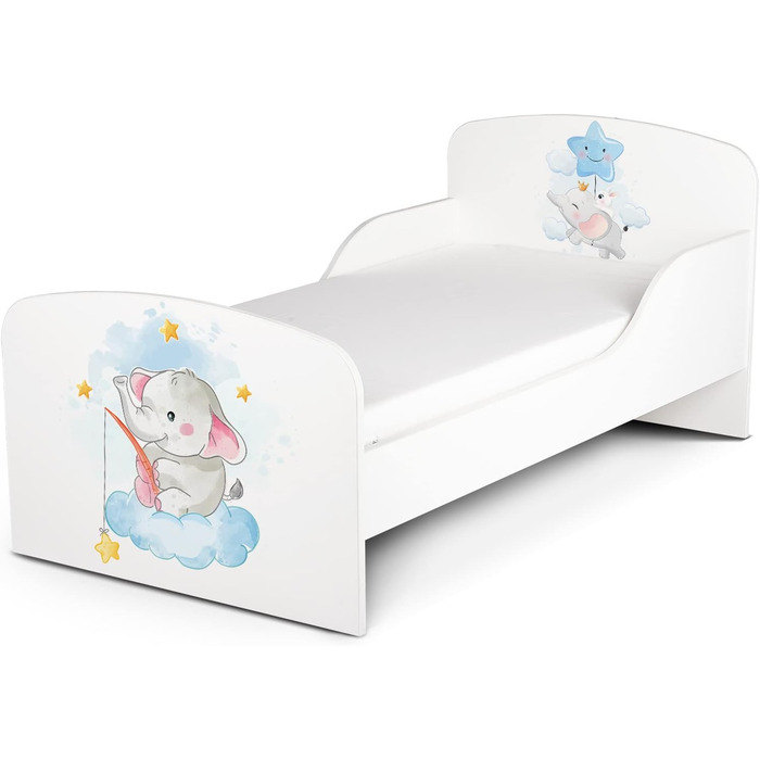 Дерев'яне ліжко Leomark з функціями для дітей - ліжко з матрацом, боковиками та ламелями, розмір спального місця 70/140 см, друк UV (Дитячий слон)