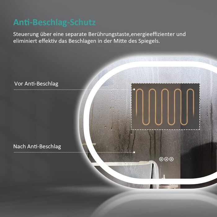 Дзеркало для ванної кімнати EMKE з підсвічуванням 80x60 см, сенсорне управління, антизапар, 3 кольори світла, регулювання яскравості, функція пам'яті, енергозберігаюче, овальне дзеркало