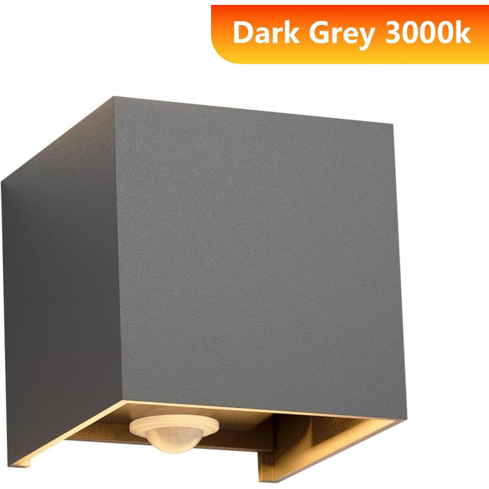 Klighten Вологостійкий вуличний світильник з датчиком руху 12W, IP65, 3000K, тепле біле світло, для внутрішнього та зовнішнього використання, регульований світловий потік, колір - темно-сірий