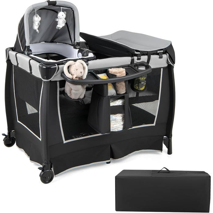 Дитяче туристичне ліжко COSTWAY 5 в 1 з матрацом, сірим кольором, до 15 кг, з пеленатором та іграшкою