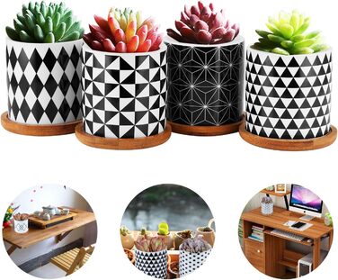 4 шт. горщики для сукулентів Coolty, кераміка, 7 см, міні-кактуси, геометричний дизайн, з підставкою та бамбуковим піддоном для декору
