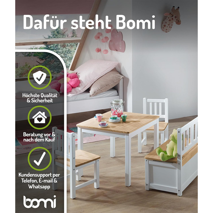 Дитячий меблевий набір Bomi Anna: стіл, 2 стільці та лавка-сховище | Меблі для дитячої кімнати з екологічного дерева | Білий (білий-натуральний)