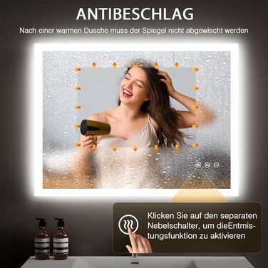 LED дзеркало для ванної кімнати 80x60 см з підсвічуванням, 3 кольори світла, регулювання яскравості, антизапарник, сенсорне керування, пам'ять, IP44, вологостійке