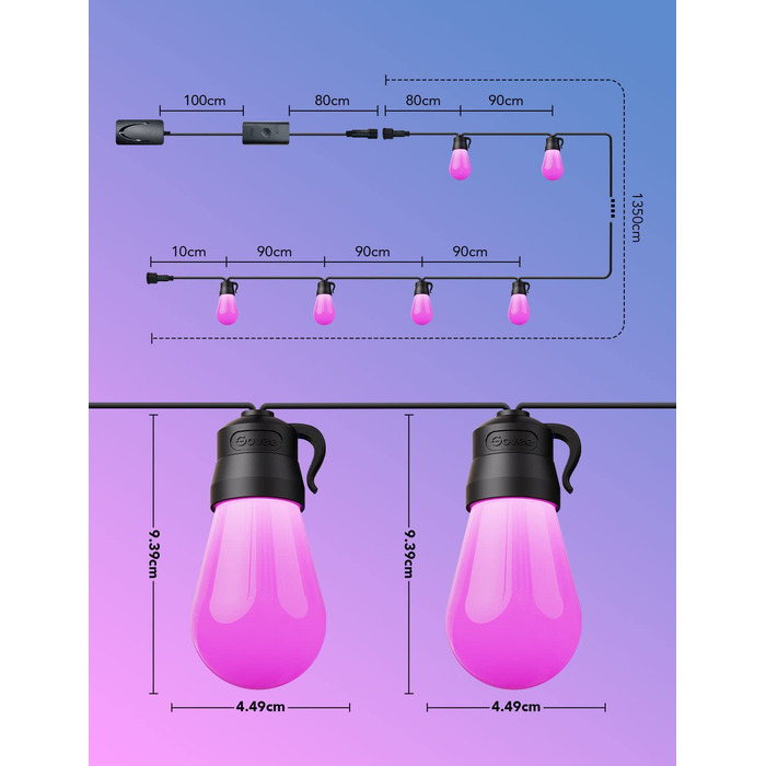 Гірлянда для зовнішнього освітлення Govee, інтелектуальні Світлодіодні лампи Wi-Fi RGBICW, водонепроникний клас захисту IP65, працює з Alexa і Google Assistant, Ap