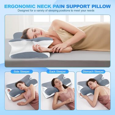 Ортопедична подушка для шиї LNZHAO з memory foam - підтримка для сну на боці, спині та животі - для зняття болю в шиї та плечей (темно-сіра)
