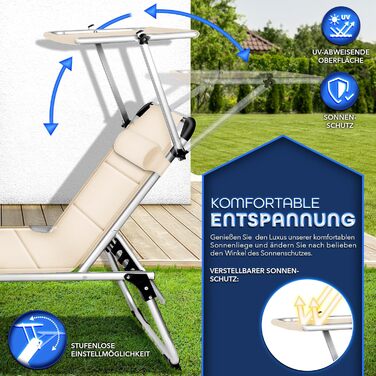 Сонячне ліжко Tillvex® з дахом та подушкою для голови | Садова лежанка, розкладний шезлонг | Пляжний лежак з регульованою спинкою | Алюмінієве ліжко (ліжко з преміум-подушкою, бежеве)