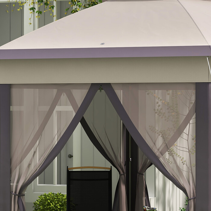 Альтанка Outsunny Garden Folding Gazebo 4x4 м Pop Up Tent Party Tent з сумкою для перенесення та 6 бічними панелями, подвійний навіс шестикутний у кавовому та бежевому кольорах