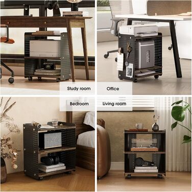 Робочий стіл для принтера Fenge з колесами, мобільний тримач для принтера з перфорованою панеллю, 3 рівні, стійка для принтера/рол-контейнер з органайзером, полиця, шафа для офісу та дому, 45,3x33,5x53,5 см (Коричневий+Чорний)
