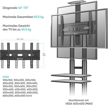 Тумба під телевізор ONKRON Rollable 40-70 дюймів, 45,5 кг, з колесами та 2 полицями, регульована по висоті, Чорна