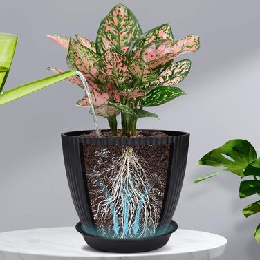 Набір горщиків для квітів з пластику, 8 шт. з отворами, круглі підставки, горщики для кактусів та трав, набір для офісу, балкону, саду, сукулентів, чорний