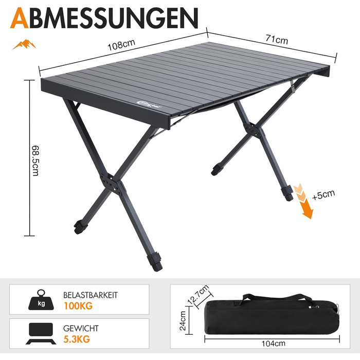 Складаний кемпінговий стіл PORTAL з регулюванням висоти, алюмінієвий, 108 x 71 см, легкий стіл для пікніка, саду та подорожей, чорний