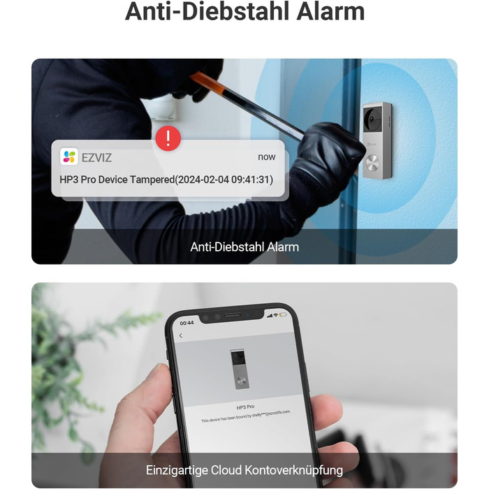 Відеодзвінок EZVIZ CP3 Pro з акумулятором та Chime CH1, бездротовий з камерою, розпізнавання людей, 2K, кольорова нічна зйомка, двосторонній аудіо, 8GB eMMC, комплект з дзвінком (дзвінок з сонячною панеллю HP3 Pro)