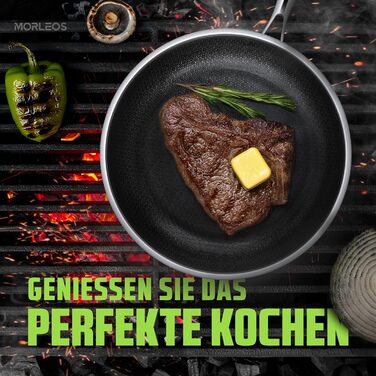 Сковорода Morleos з керамічним покриттям 32 см без PFAS та PTFE | Сковорода-пательня з стільниковою структурою | 5-шарова, 3 мм, 1,67 кг | Преміум-якість для індукційних плит | Антипригарна, для духовки та посудомийної машини