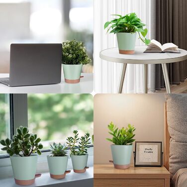 5 горщиків з пластику з системою поливу, 17.8/16.5/15.2/13.9/12.7 см. Самополивні кашпо з підставкою. Круглі горщики для квітів, сукулентів, кактусів. Для дому, балкона, саду. Зелений, коричневий колір.