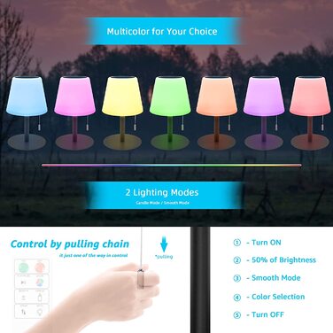 Настільна лампа на сонячній батареї 2 в 1, з регульованою яскравістю RGB і USB-зарядкою, 7 кольорів, настільна лампа на відкритому повітрі, бездротова, водонепроникна акумуляторна настільна лампа IP44 для кемпінгу, вітальні, саду (C-Чорний)
