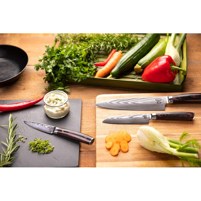 Набір кухонних ножів Дамаск 3 шт. (32, 24, 20 см) з каменем для заточування, дерев'яною ручкою, захистом леза та подарунковою коробкою. Перевірено TÜV, 62 HRC, сталь Дамаск з 67 шарів.