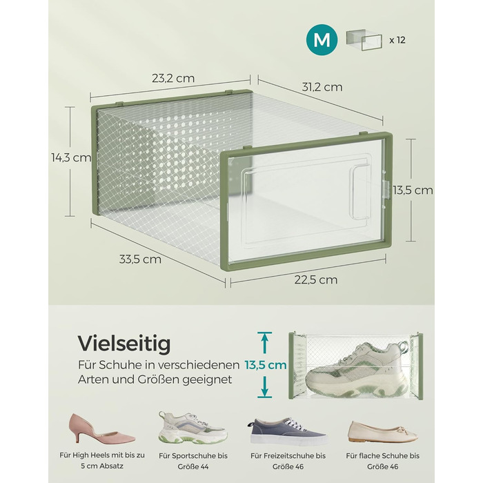Коробки для взуття SONGMICS, набір з 12 шт. , органайзер для взуття з пластику, складний і штабельований, для взуття до 46 розміру, прозоро-білий LSP12MWT (12 шт. (31,2 х 22,5 х 13,5 см), прозорий лавровий зелений)