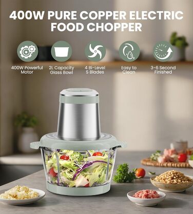 Електричний подрібнювач для кухні ESoundvol 400W з чашею 2л та 4 лезами з нержавіючої сталі - для м'яса, овочів, горіхів, дитячого харчування
