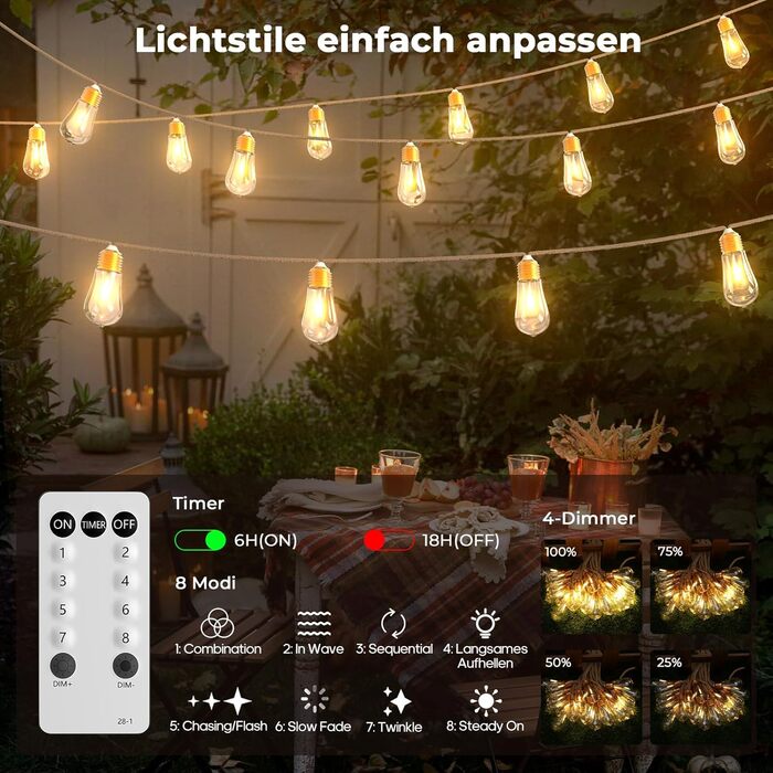 LED гірлянда для декору: 24 лампочки, 12 метрів, RGB, тепле біле світло, 8 режимів, таймер, диммування, для дому, саду, балкону, вечірки, святкування