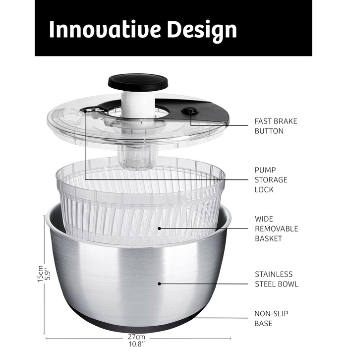 Салатниця-центрифуга з нержавіючої сталі, велика, 6.33 л: для миття та сушіння салатів, овочів та фруктів